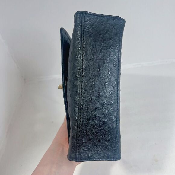 Vintage Tocco Toscano Black Ostrich Leather Structured Crossbody Bag Gold Chain - Picture 6 of 11